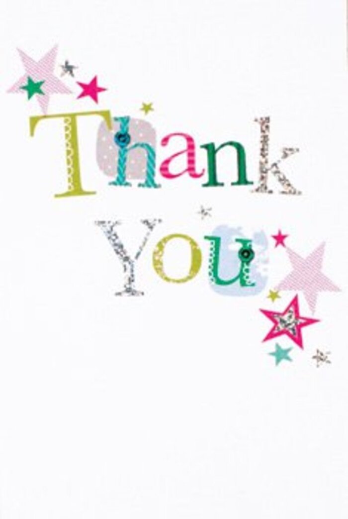 Upon viewing this thank you card, there is an inviting atmosphere of gentle exuberance, reminiscent of a spontaneous celebration along Stevenage's Broadwater Crescent. Each character of the message brims with its own flair-some letters curve playfully with stitched embellishments, while others sparkle elegantly in fuchsia or deep turquoise, highlighted by polka dots and soft silver glints. Tiny starbursts gather in thoughtful clusters, their pink and teal hues sparkling like a Hertfordshire spring evening sky. The impeccably clean white background sets the colours aglow, providing a spacious canvas for gratitude's radiance. The card's understated sophistication-neither too formal nor overly casual-makes it ideal for expressing thanks at any local occasion, whether after a joyful gathering at King George V Playing Field or a heartfelt farewell among neighbours. It's the sort of finishing touch a Stevenage florist would recommend, echoing the natural warmth and care that define meaningful connections in the area.